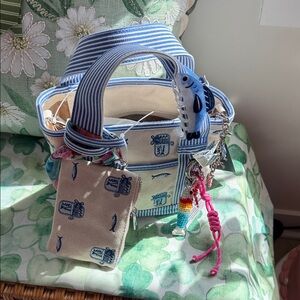 Madden Girl Blue and Cream Striped Mini Sardine Tote with Charms and Hairclip